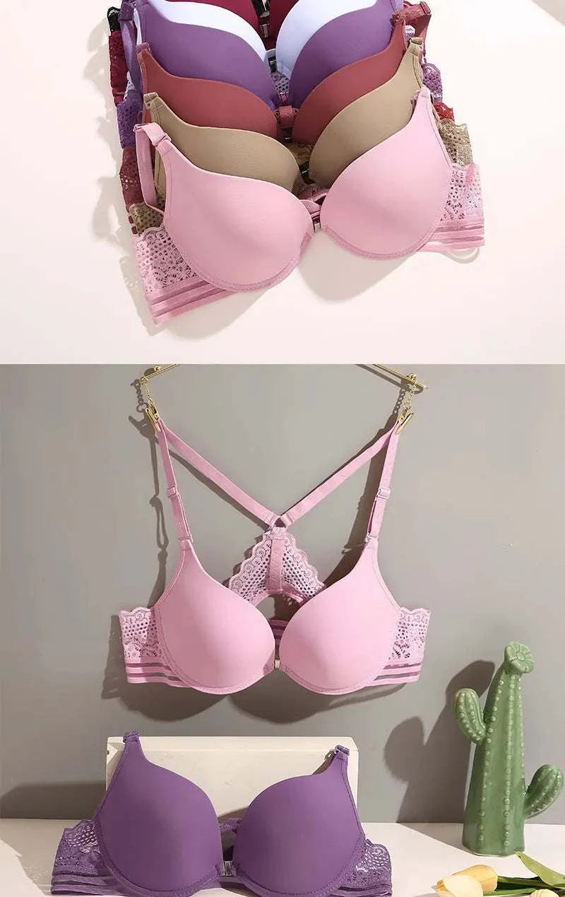 3Pcs Front buckle Sexy Bra Beautiful Back Gathered Lingerie Lace Bra Small Chest Adjustable Bra Women's Upper Support Lingerie