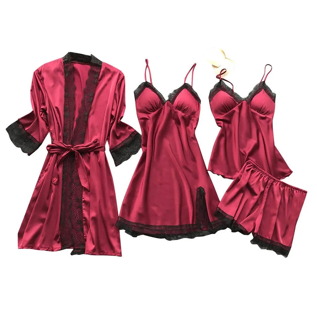 Women’s 4-Piece Satin & Lace Nightwear Set – Camisole, Shorts, Nightdress & Robe