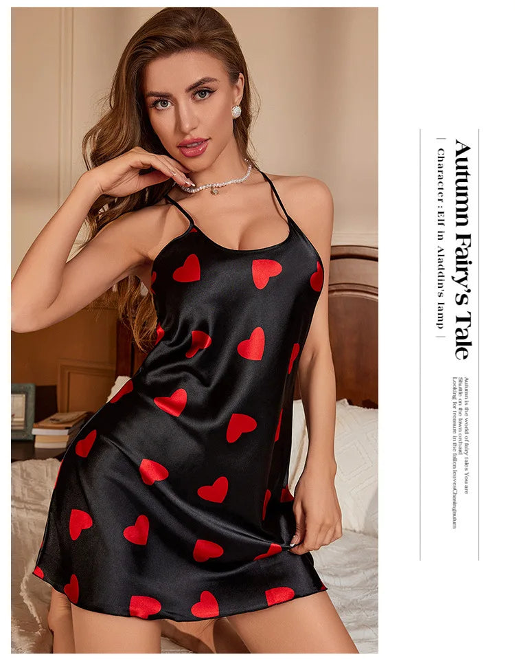 Heart Print Slip Nightdress Casual Crew Neck Criss Cross Back Sleepwear Women's Dresses