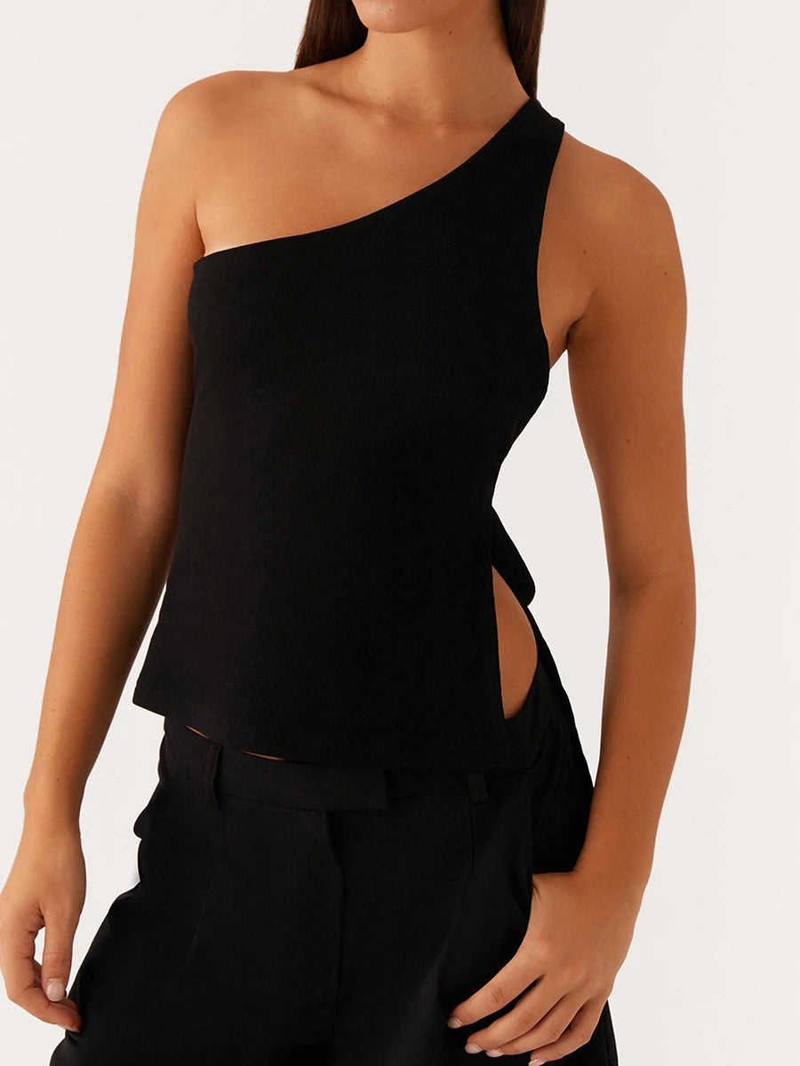 Elegant One Shoulder Blouse Women s Fashionable Sleeveless Top with Chic Side Knot Detail for Summer Wear