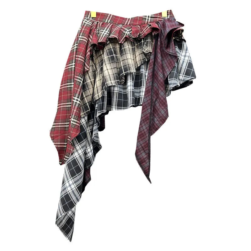 Y2K Women's Skirt Irregular Plaid Patchwork Large Size Summer Spice Girl Design A-line Skirt Trendy Pleated Streetwear Harajuku