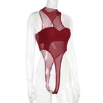 Solid Red Mesh Corset Bodysuit