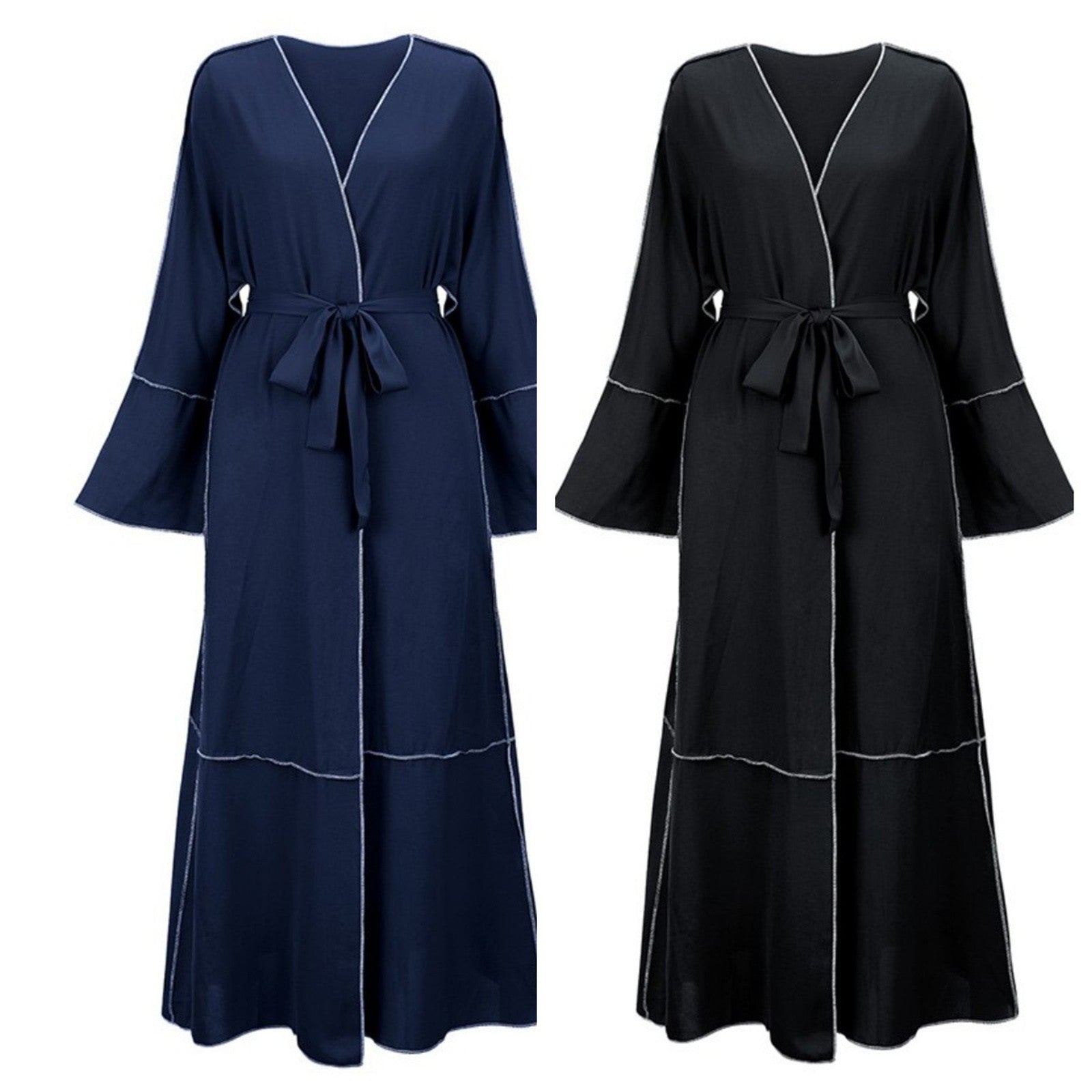 2024 Lace-Up V-Neck Flare-Sleeve Abaya – Long Muslim Hijab Dress