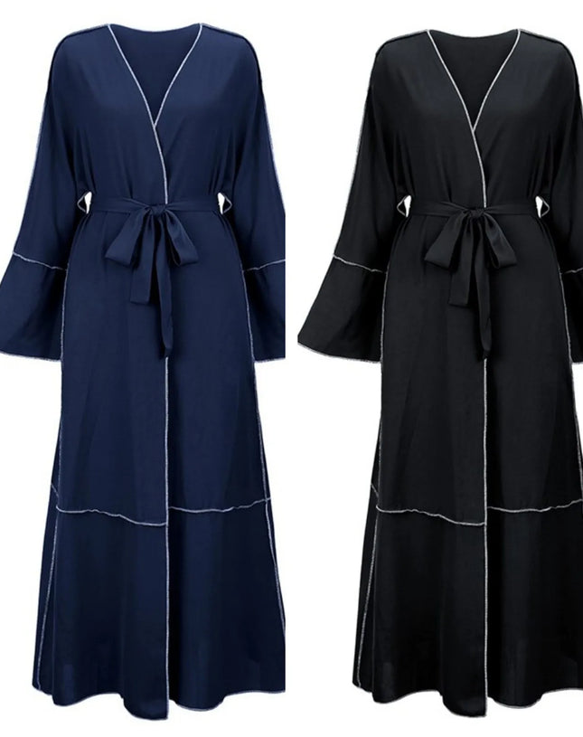 2024 Lace-Up V-Neck Flare-Sleeve Abaya – Long Muslim Hijab Dress