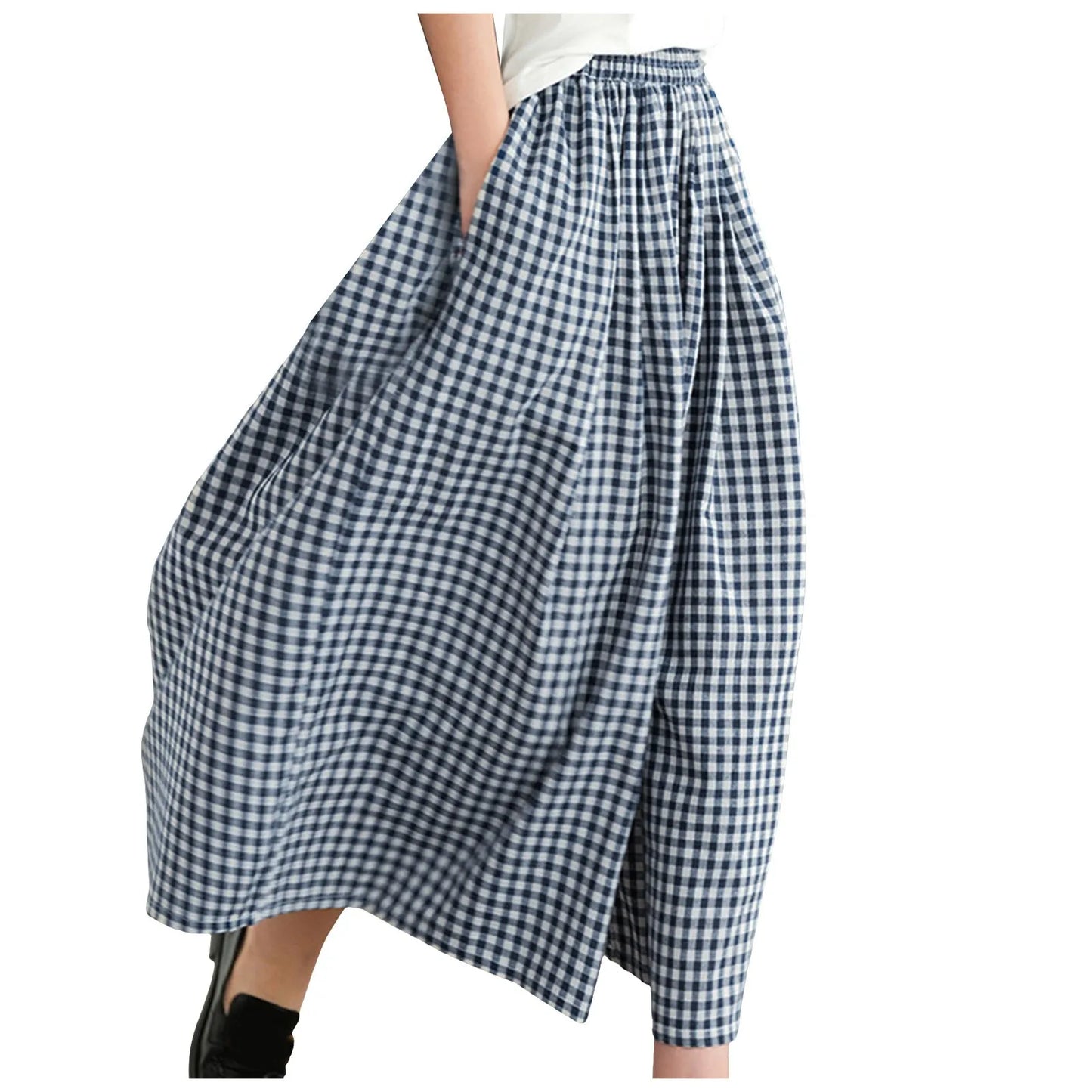 2024 Summer New Culotte Pants High Waist Pleated Slanted Pocket A-Shaped Wide Leg Covering Span Checkered Printing Trousers