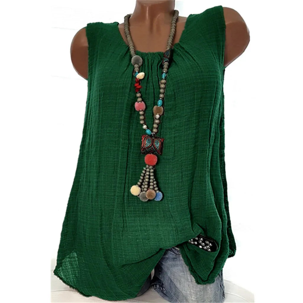 Plus Size Cotton Linen Sleeveless Baggy Tank Top – Casual U-Neck Summer Vest Blouse for Women