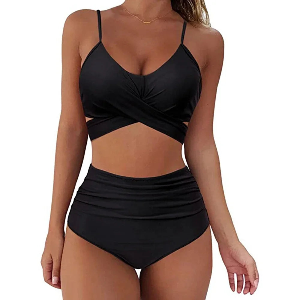 Hot 12 Colors Women Slim Bikini Sets High Waisted Sexy Swimwear 2 Pieces 2025 Solid/Floral Ruched Brazilian Swimsuit Cross Front