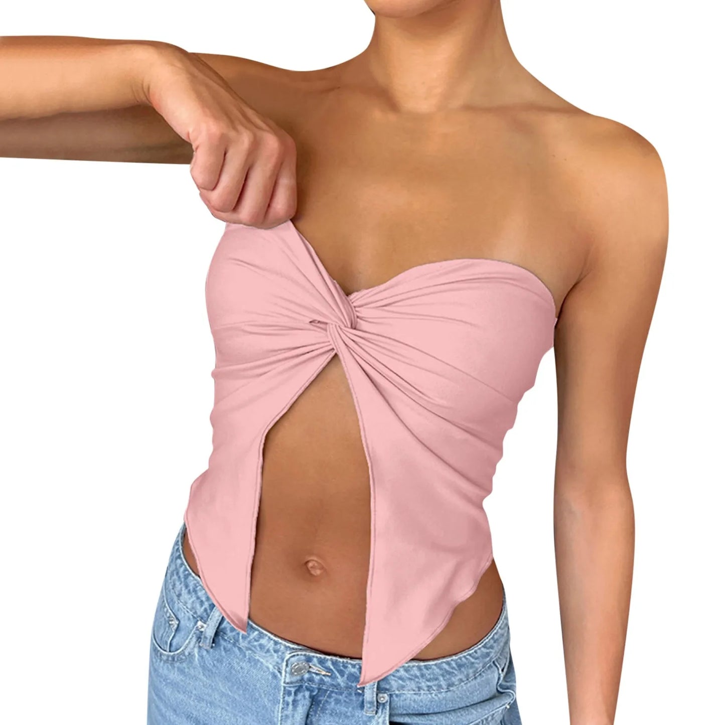 Ruched Strapless Bandeau Crop Top – Casual Backless Tube Top for Women