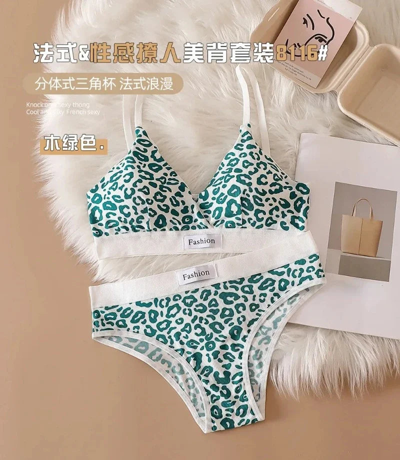 Leopard-Print Traceless Steel-Rim Bra & Underwear Set – Adjustable Strap-Back Support
