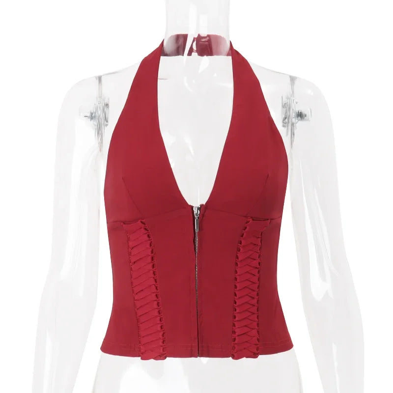 Fashion Cross Tie Zipper Slim Women's Vest Sexy Off Shoulder Backless Sleeveless Halter Top Casual Summer Street Camis