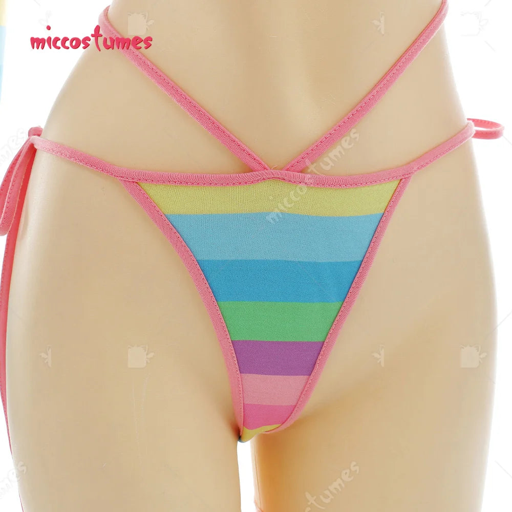 Women Sexy Cosplay Lingerie Rainbow Stripe Long Sleeve Short Tops and Panty with Stockings Sleepwear Sexy Costumes