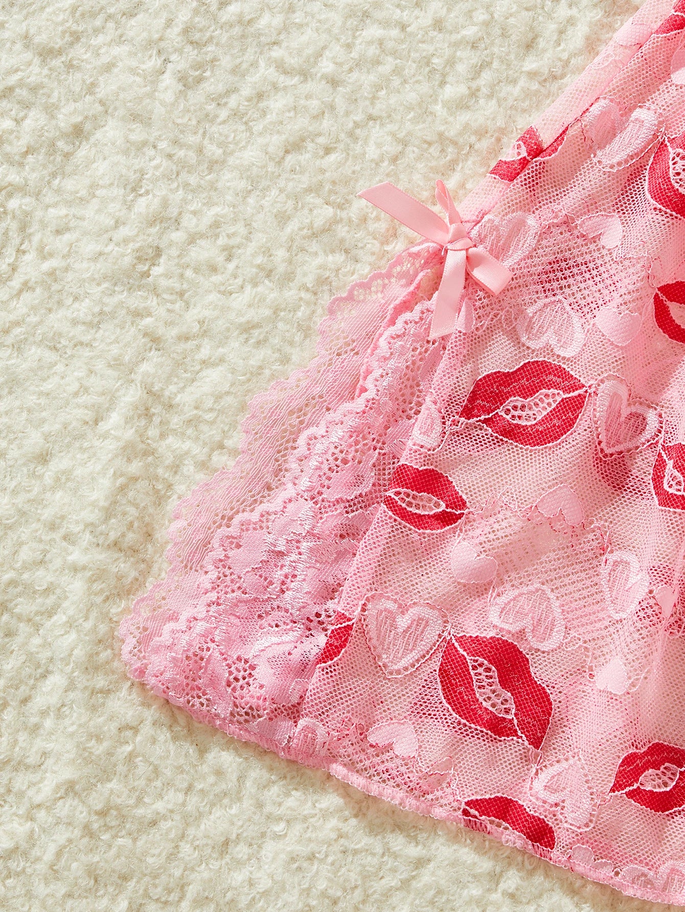 Women Pink Lips Love Print Nightdress Sexy Lace Bow Adult Dress Babydoll Sex Sleepdress And Thongs Lingerie Sets Erotic Outfits