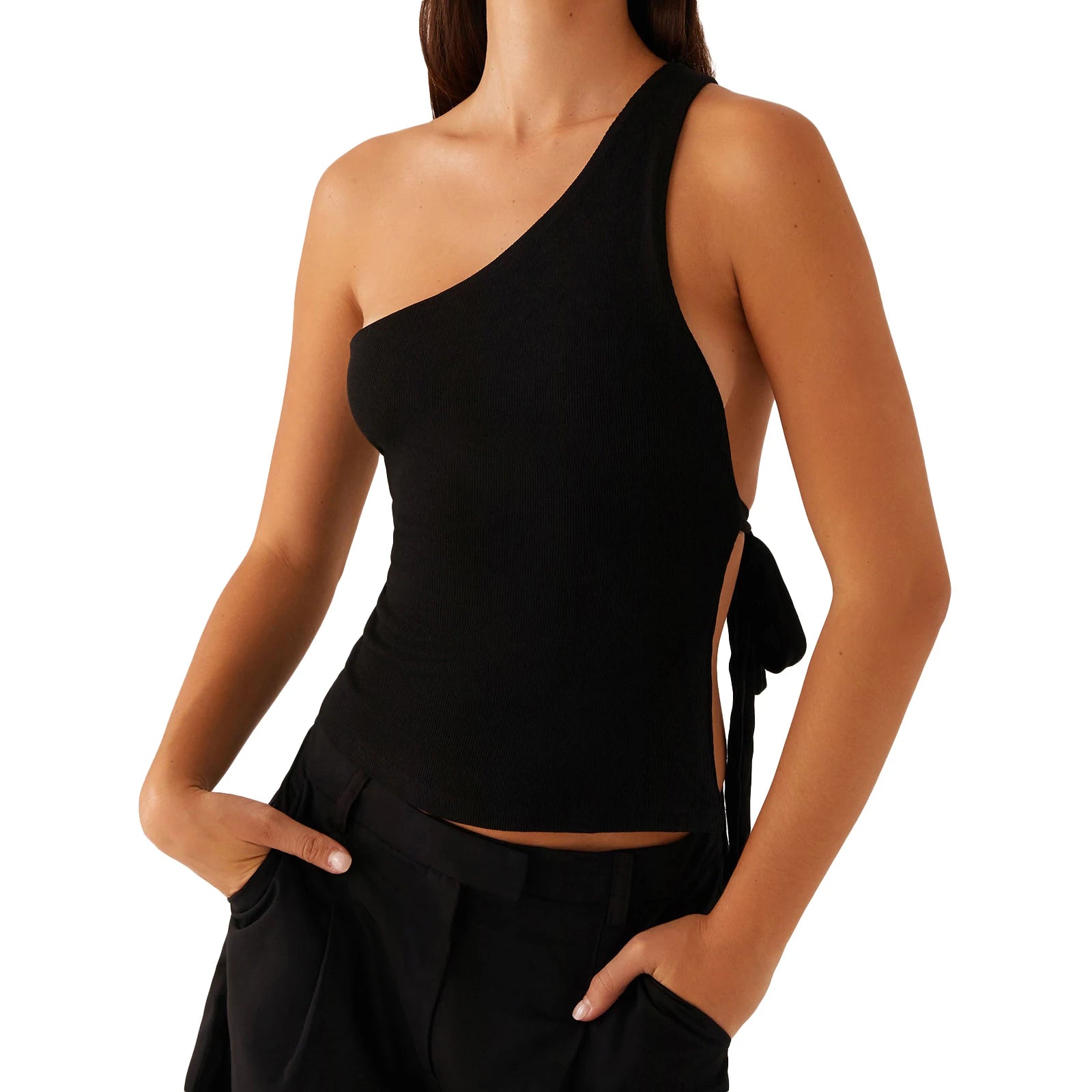 Elegant One Shoulder Blouse Women s Fashionable Sleeveless Top with Chic Side Knot Detail for Summer Wear