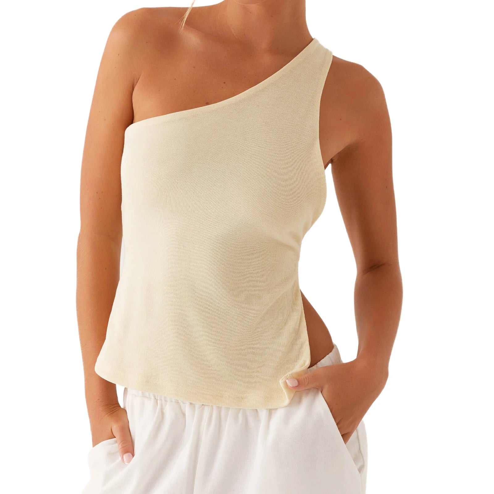 Elegant One Shoulder Blouse Women s Fashionable Sleeveless Top with Chic Side Knot Detail for Summer Wear