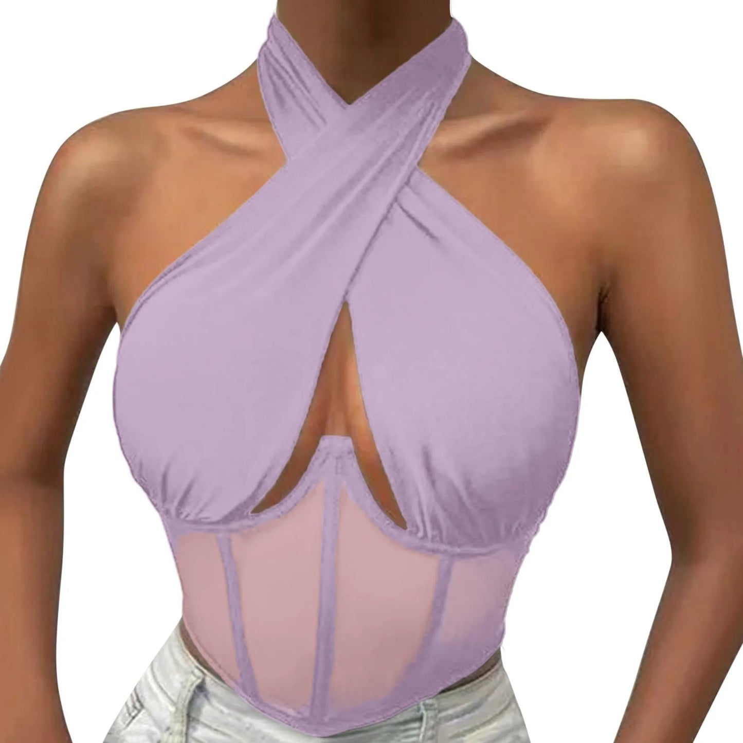 Sexy Cotton Stretch Tops For Women Cross Halter Sleeveless Blouses Fashion Sleeveless Hollow Out Top Irregular Neckline Tank Top