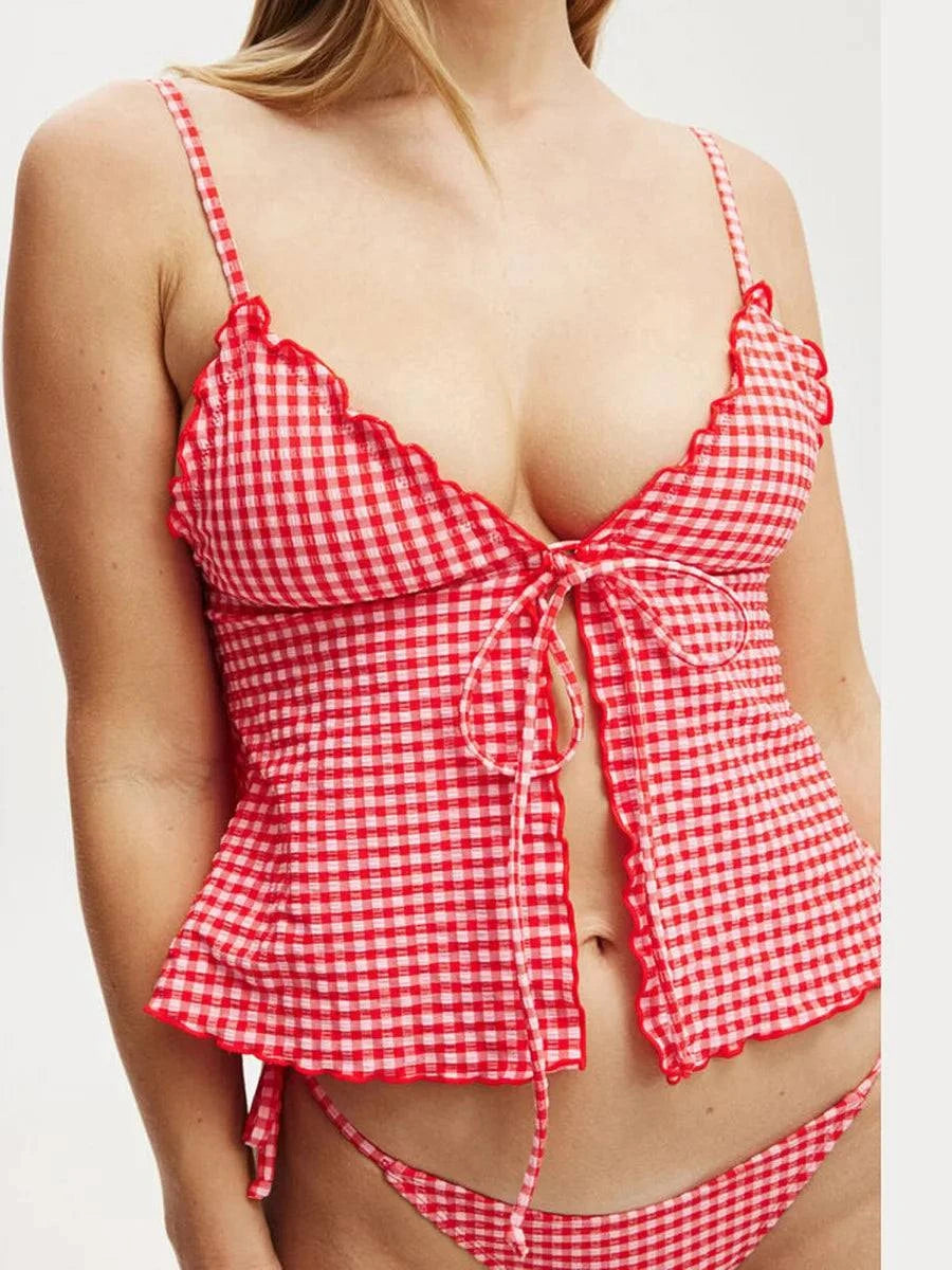 Women s Plaid Print Sleeveless Cami Top with Deep V Neckline and Front Tie-up Detail - Stylish Split Shirt for Summer