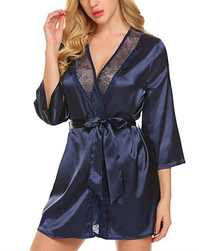 Women's Sexy Satin Solid Color Robe Lace Trim Kimono Nightgown Deep V Neck Lingerie Pajamas Bathrobe Sexy Sleepwear of Women ﻿