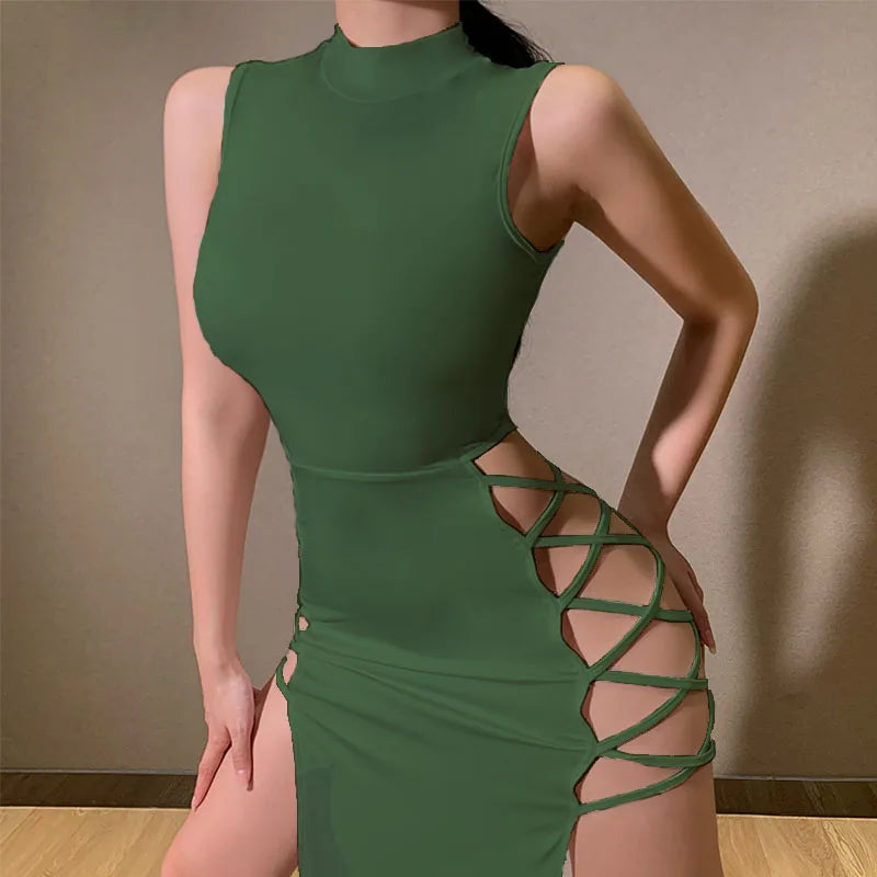Women's Gothic Dress Summer New Sleveless Slim Sexy Black Wind Hanging Neck Tie Double Split Dress Female Y2K Clothing Dresses