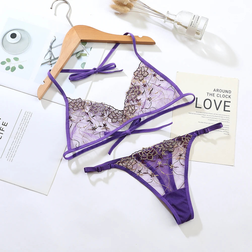 Women’s Ultra-Thin Transparent Mesh Lace Bralette & Brief Set – Backless Sexy Lingerie