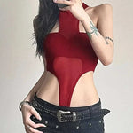 Solid Red Mesh Corset Bodysuit