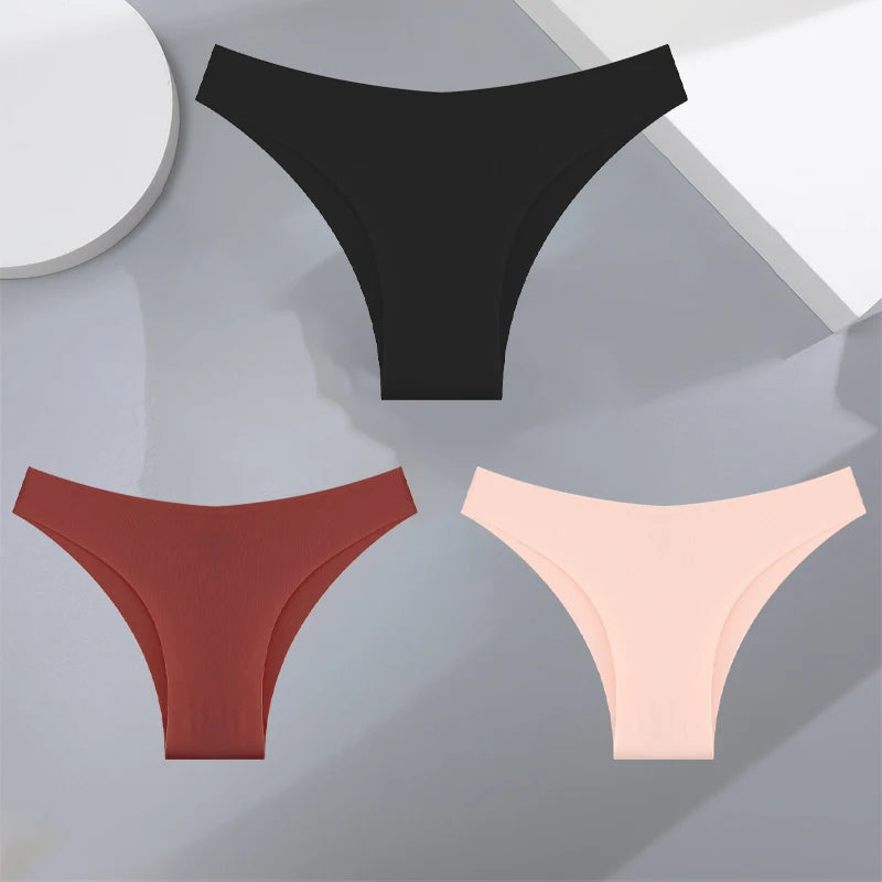 FINETOO 3Pcs Ultra-thin Seamless Silk Underwear Women's Panties Sexy Low-Waist Stretch Bikini Solid Color Briefs Lingerie XS-XXL