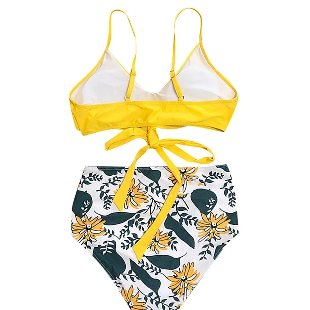 Hot 12 Colors Women Slim Bikini Sets High Waisted Sexy Swimwear 2 Pieces 2025 Solid/Floral Ruched Brazilian Swimsuit Cross Front