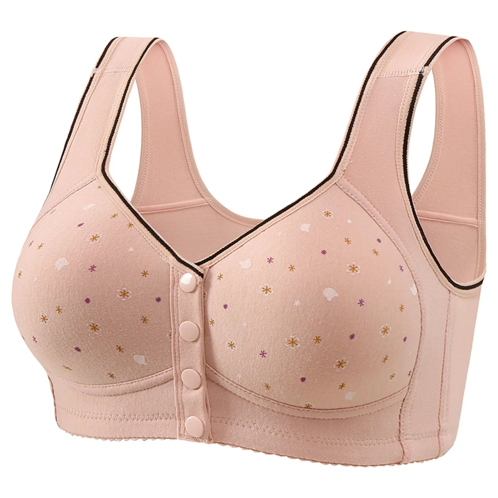 Front Button Retro Printed Bra Without Steel Ring Wide Shoulder Strap Middle-Aged Elderly Underwear Plus Size Women'S Vest Bras