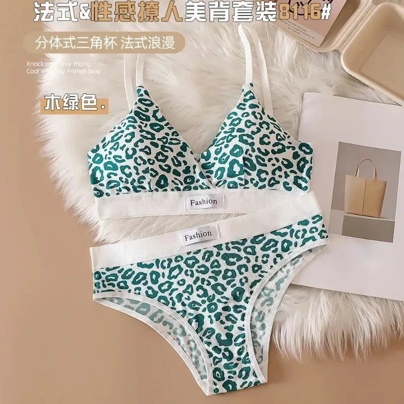 Leopard-Print Traceless Steel-Rim Bra & Underwear Set – Adjustable Strap-Back Support