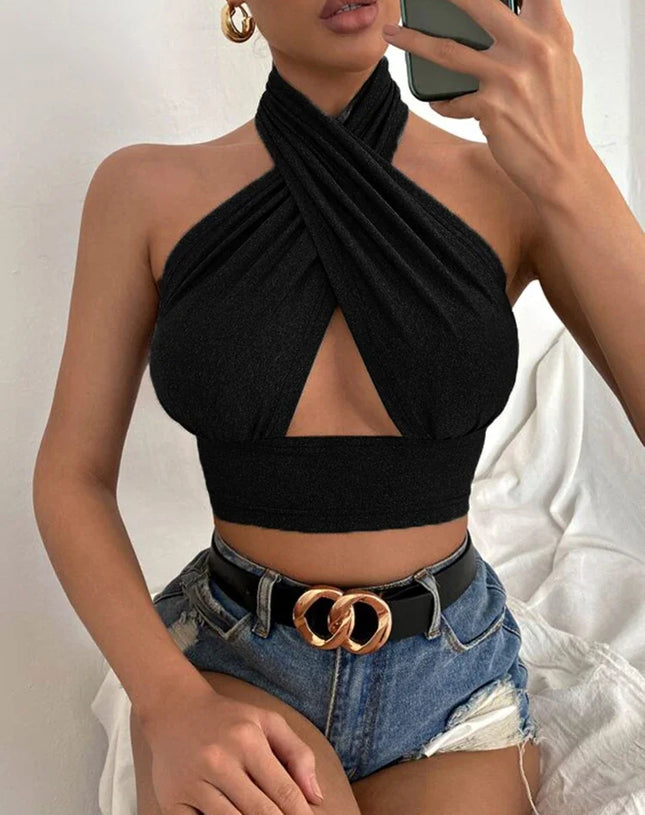 Women Summer Tank Tops Sexy Solid Color Cross Halter Neck Push Up Hollow Crop Tops High Street Wear 2024 New Fashion