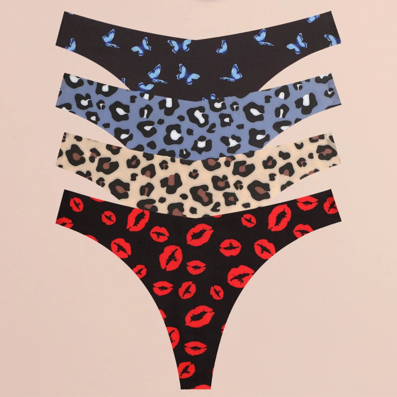 FINETOO Ultra Soft Seamless Graphic Print Thong Set – 4-Pack Stretch Leopard G-Strings for Women