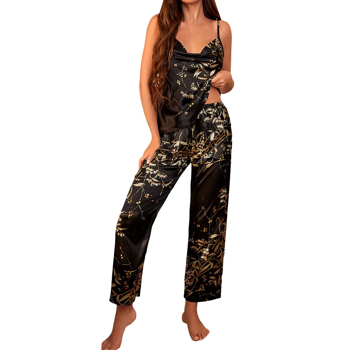 Satin Women Pajamas Set Casual Cami Vest Top+Elastic Waist Long Pants Nightwear Loungewear Clothing Women Sleepwear Set Summer