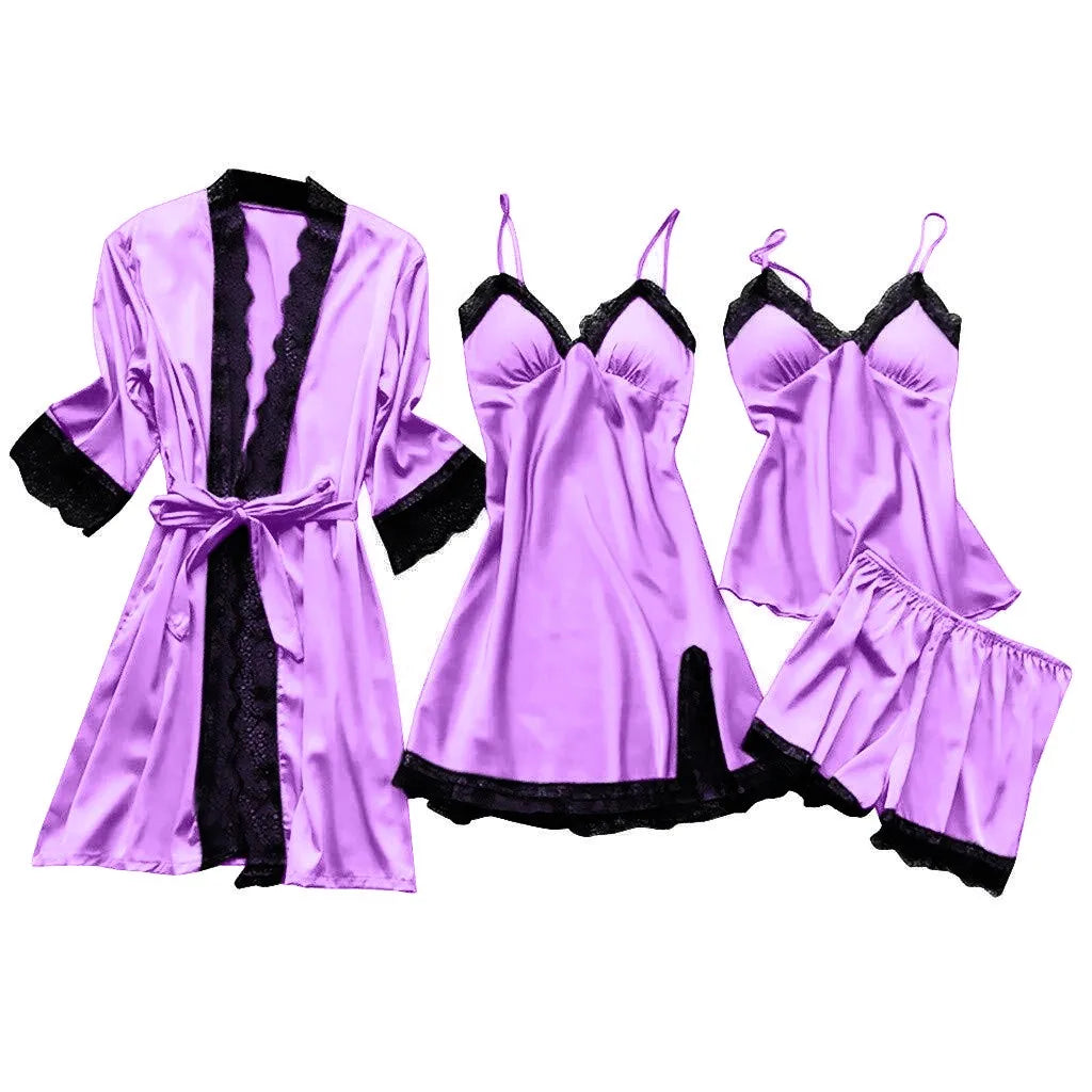 Women’s 4-Piece Satin & Lace Nightwear Set – Camisole, Shorts, Nightdress & Robe