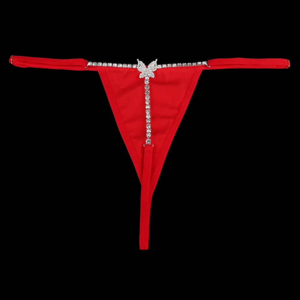 Stonefans Rhinestone Chain Butterfly Panties Body Jewelry for Women Sexy Low Back Thong Bikini Black Choth Lingerie Underwear