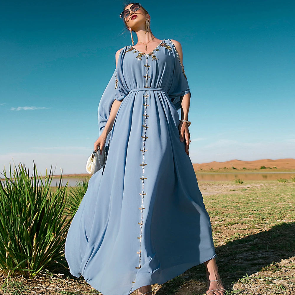 Diamond-Embellished Cold-Shoulder V-Neck Summer Kaftan Abaya – Luxury Evening Party & Eid Gown