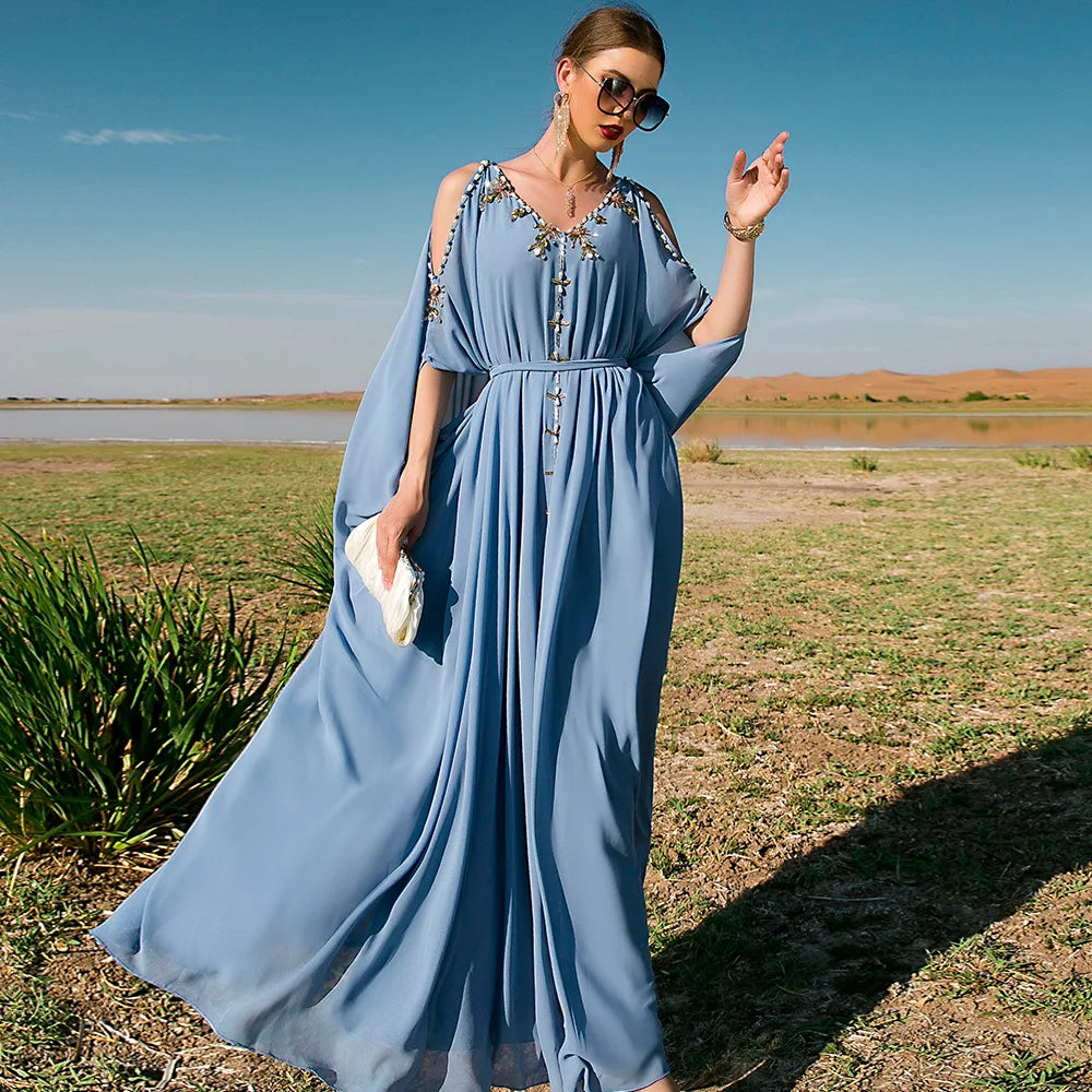 Diamond-Embellished Cold-Shoulder V-Neck Summer Kaftan Abaya – Luxury Evening Party & Eid Gown