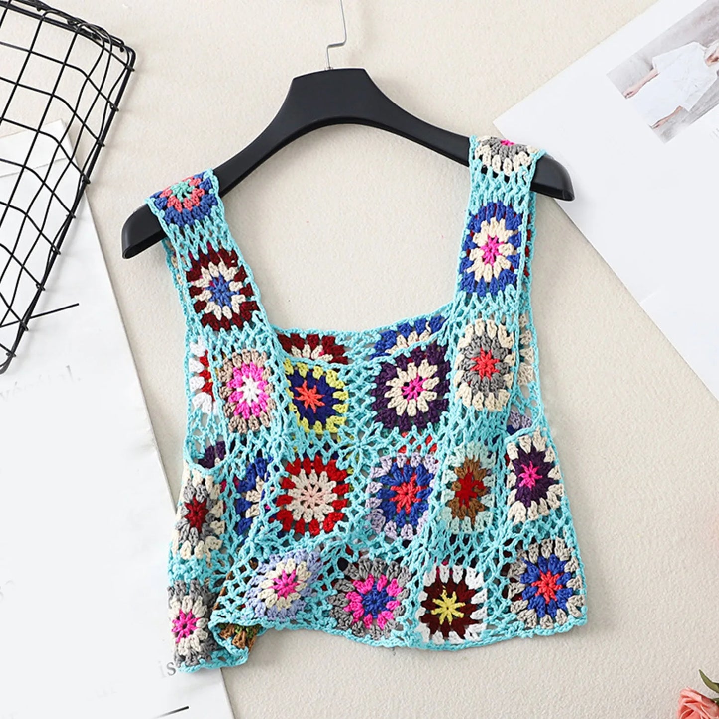 Womens Crochet Tank Top With Tassels Cover Ups Knit Colorful Floral Embroidery Summer Backless Camisole Fashion Casual Bohemian