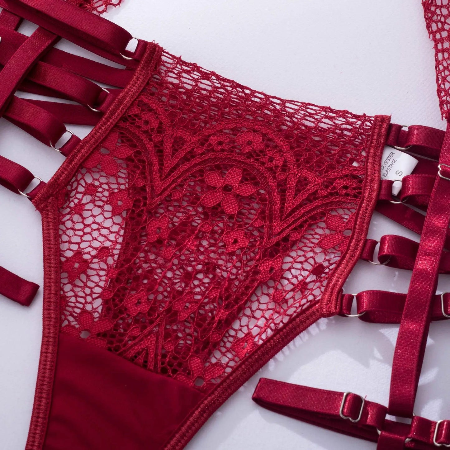 New burgundy hot gathering bra set sexy sheer lace eyelash halterneck bra thong detachable leg ring erotic lingerie