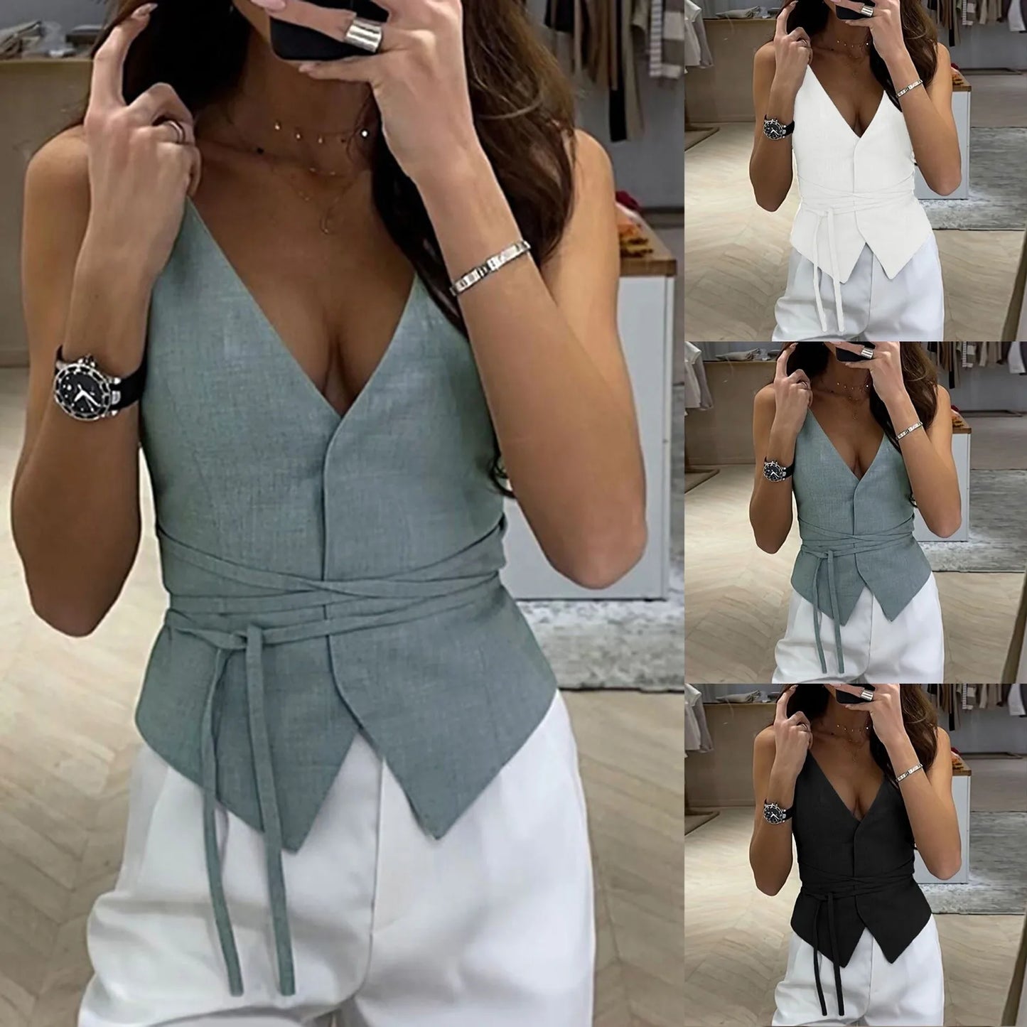 V-Neck Lace Up Slim Fit Tank Top – Sleeveless Y2K Cropped Camisole Cardigan for Women