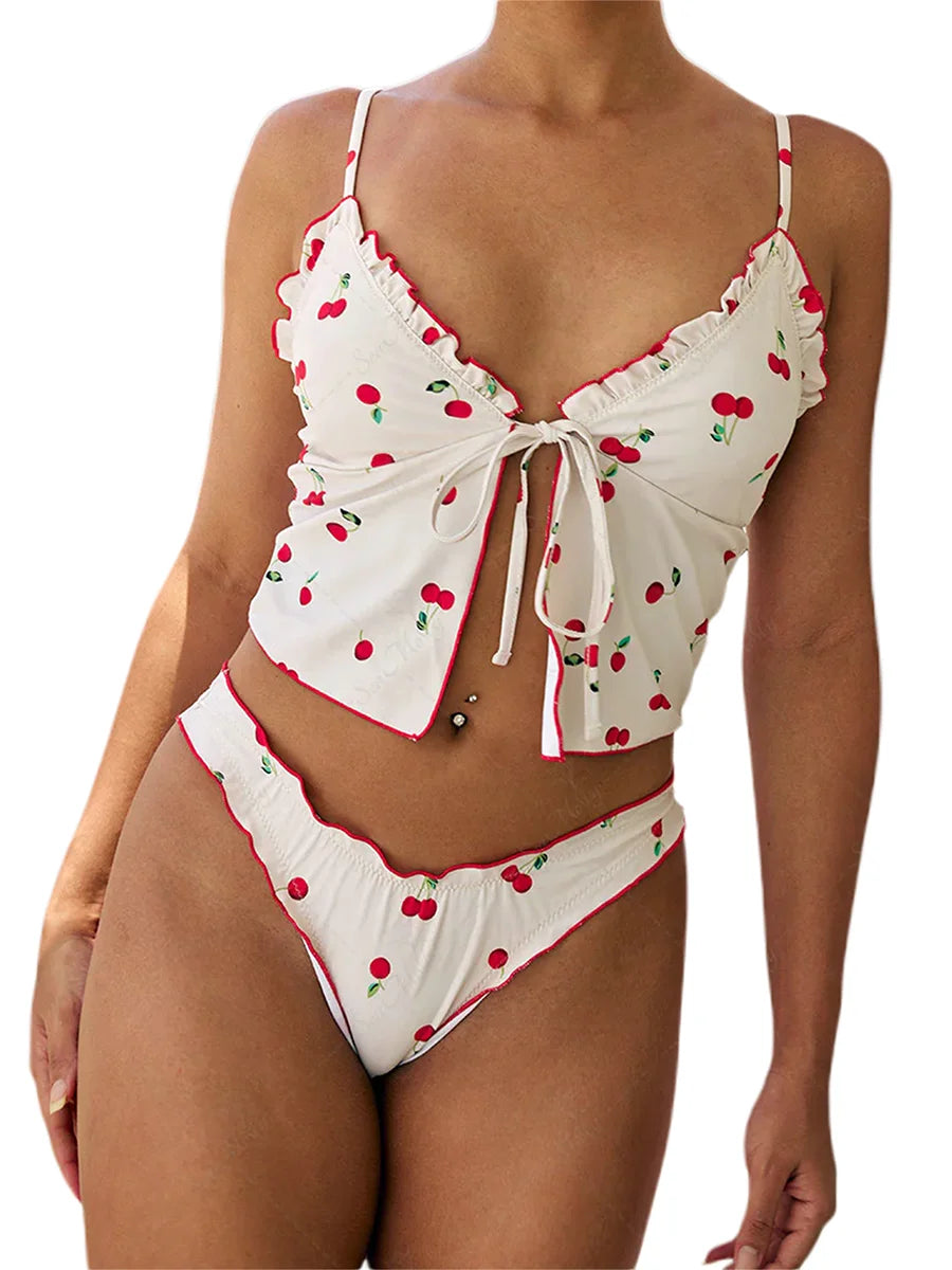 Floral Print Ruffle Off-Shoulder Bikini Top – Tie Front Sleeveless Swimsuit Crop for Women (Top Only)