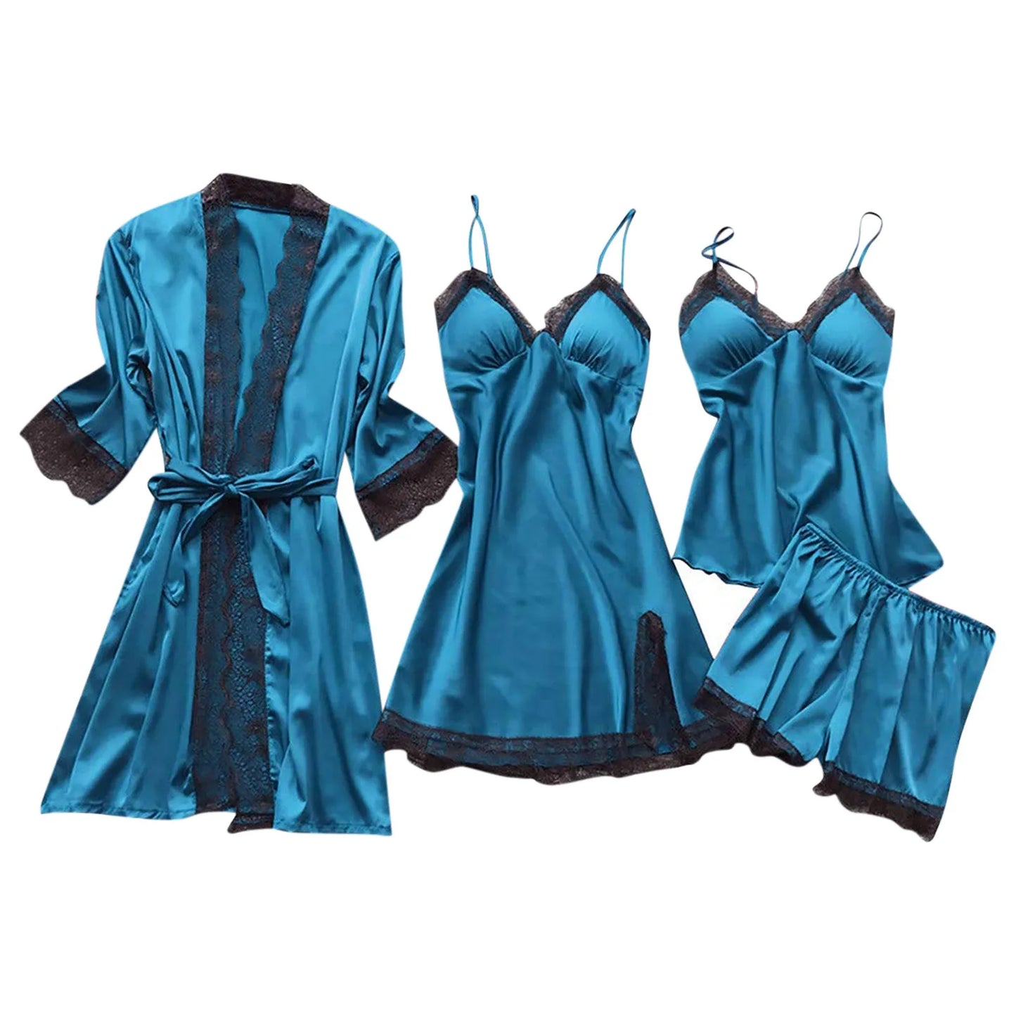 Women’s 4-Piece Satin & Lace Nightwear Set – Camisole, Shorts, Nightdress & Robe