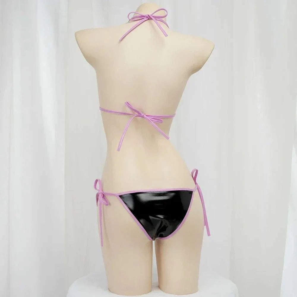 Women Three Point Underwear Set Cosplay Costume Barbie Cute Girl Pink Black Plaid Bikini Swimsuit