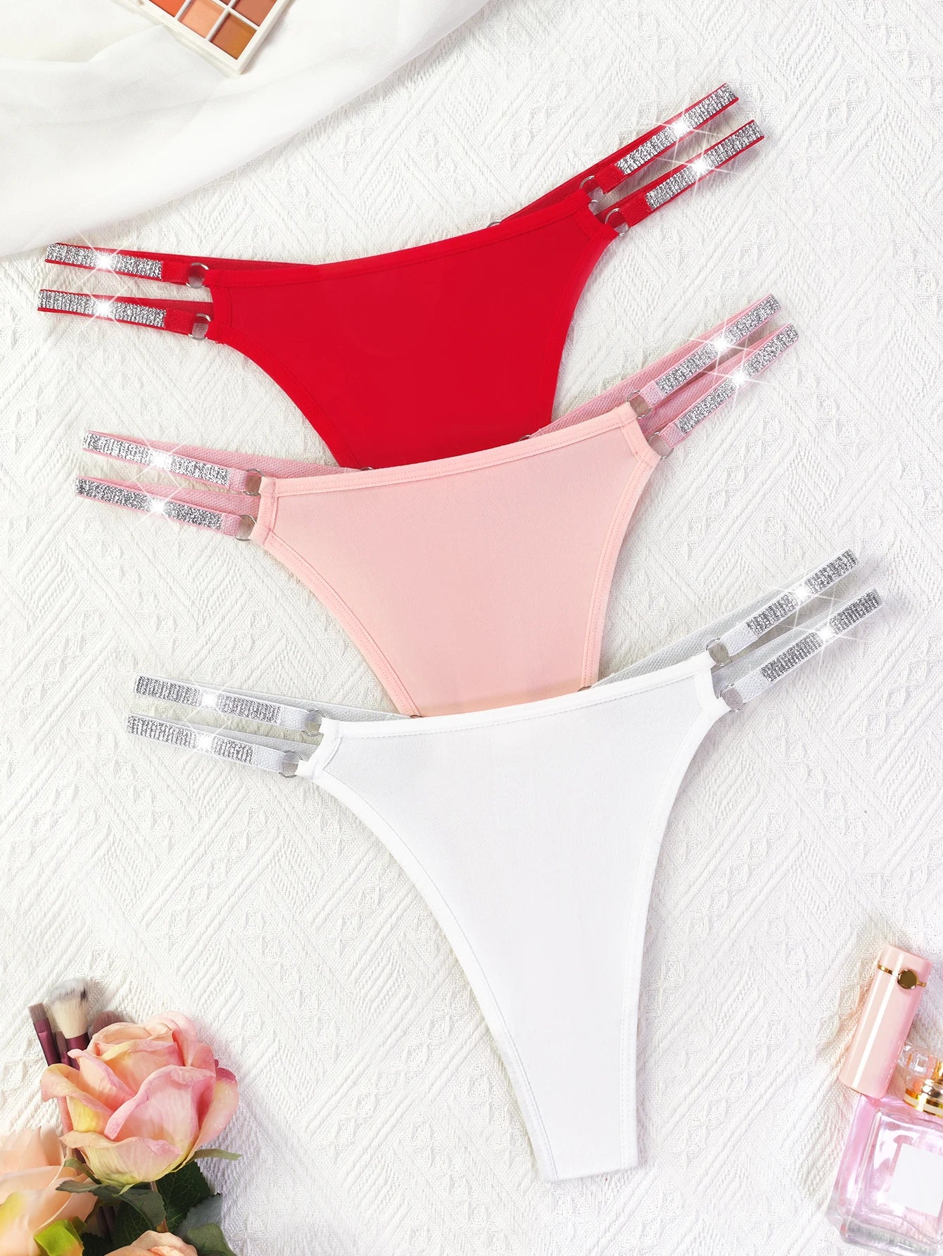 3pcs/Set Sexy Women Thongs New Fashion Intimate Lingerie Solid Comfortable Two Shiny Belts Ladies G-string Female Underwear