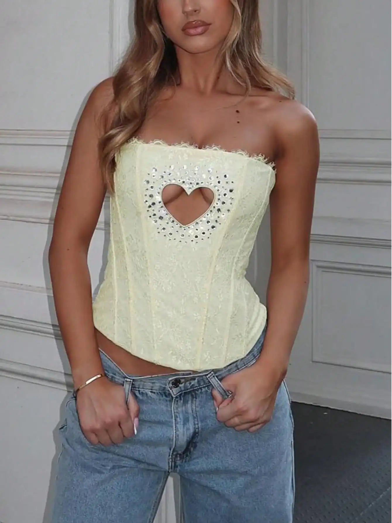 Summer Ladies' Yellow Lace Corset Top - Heart-shaped Cut and Rhinestone Embellished Sexy Strapless Shaping Vest Top