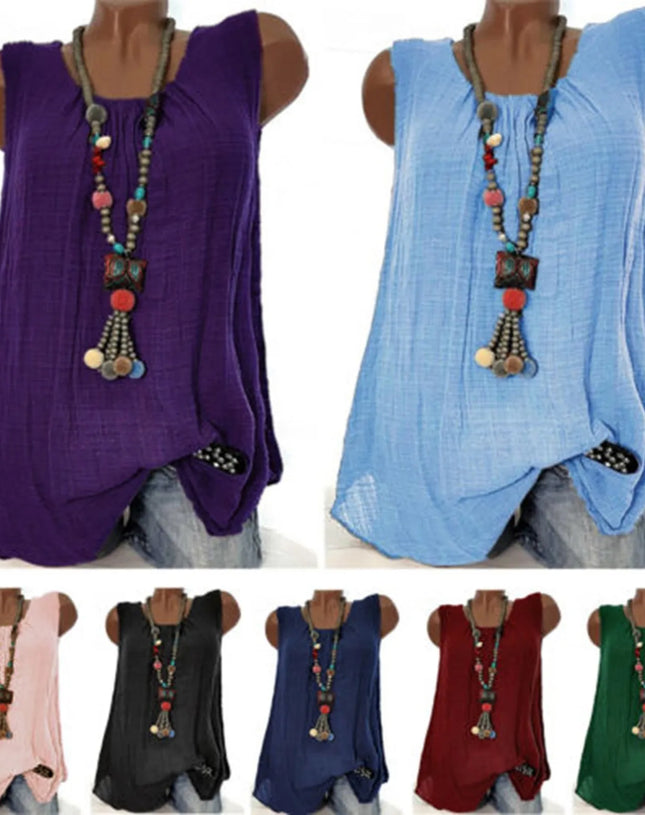Plus Size Cotton Linen Sleeveless Baggy Tank Top – Casual U-Neck Summer Vest Blouse for Women