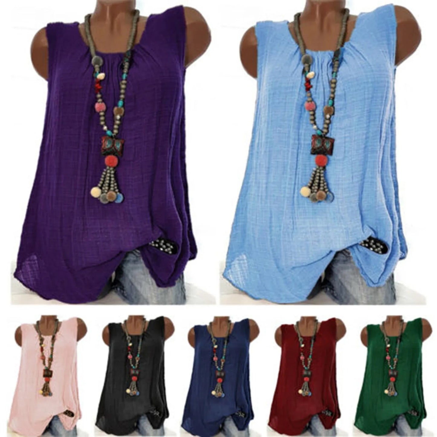 Plus Size Cotton Linen Sleeveless Baggy Tank Top – Casual U-Neck Summer Vest Blouse for Women