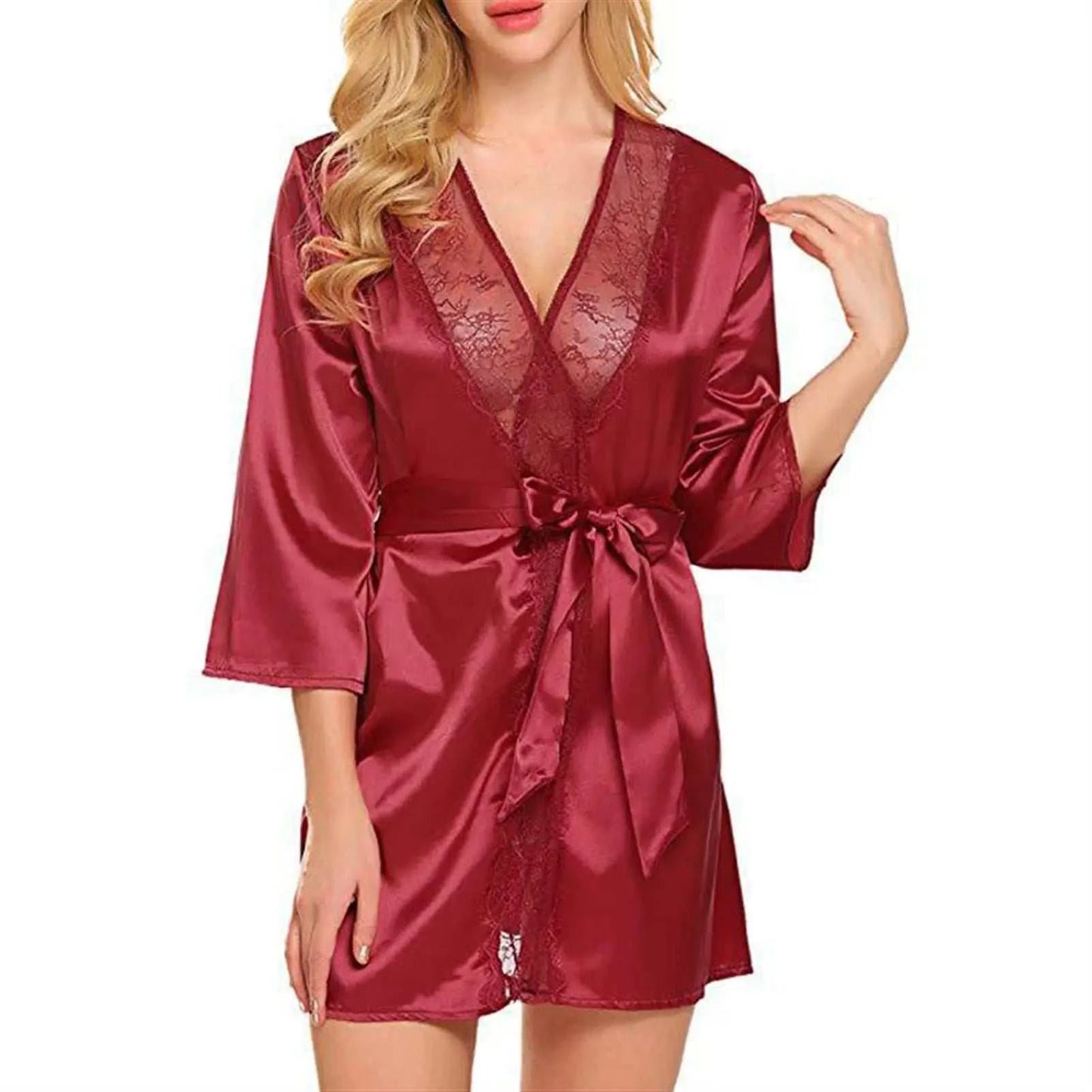 Women's Sexy Satin Solid Color Robe Lace Trim Kimono Nightgown Deep V Neck Lingerie Pajamas Bathrobe Sexy Sleepwear of Women ﻿