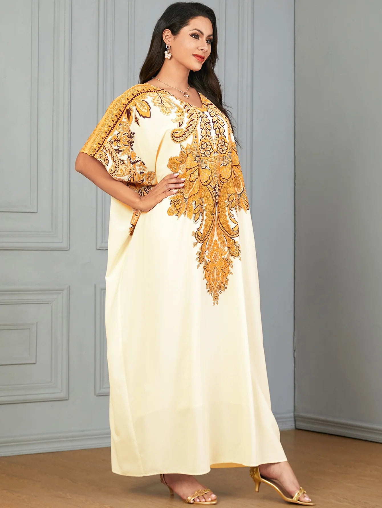 Moroccan-Print Loose-Fit Maxi Kaftan Dress – Short-Sleeve Muslim Abaya & Turkey Caftan