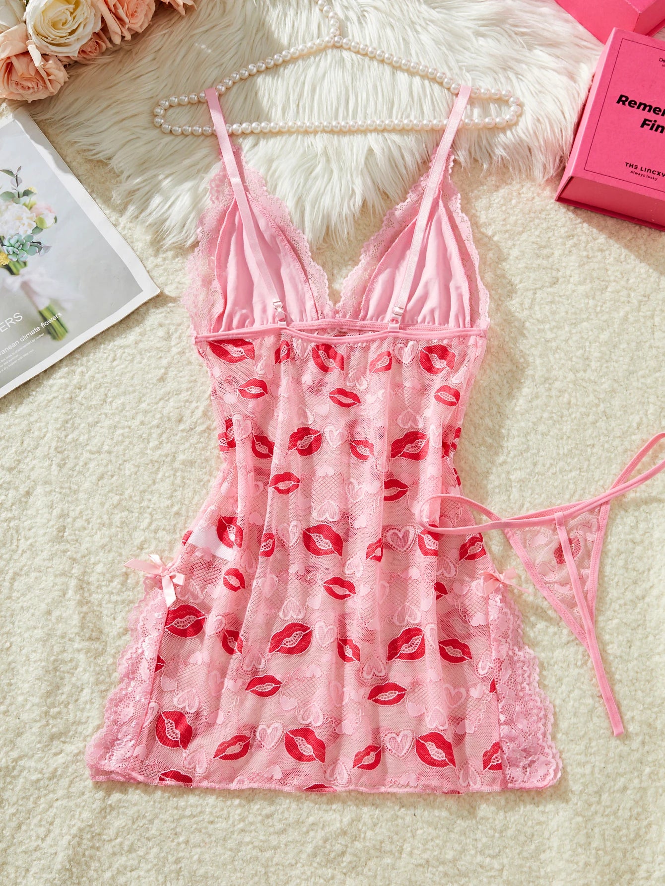 Women Pink Lips Love Print Nightdress Sexy Lace Bow Adult Dress Babydoll Sex Sleepdress And Thongs Lingerie Sets Erotic Outfits