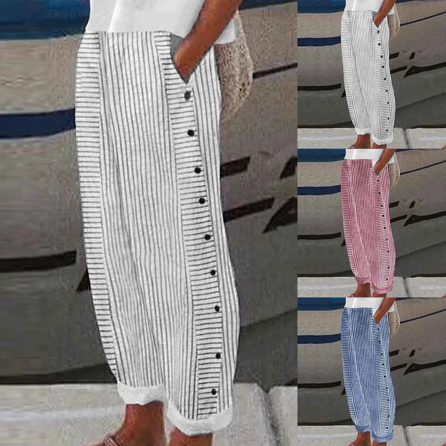 Long Linen Pants Women Women Summer Fashion Striped Print Button Casual Versatile Loose High Waist Yoga Dress Pants For Women
