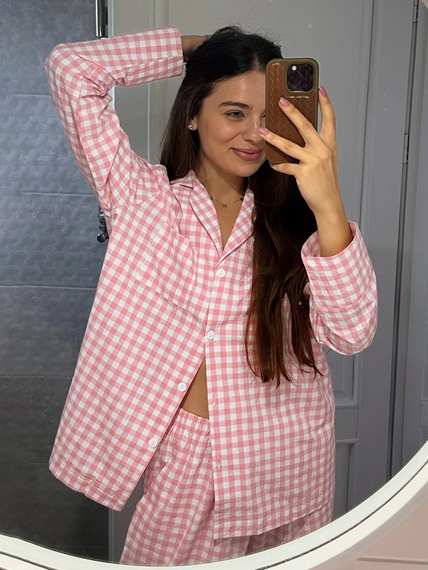 Pink Plaid Loose-Fit Turn-Down Collar Nightgown & Pajama Pant Set – Long Sleeve Sleepwear